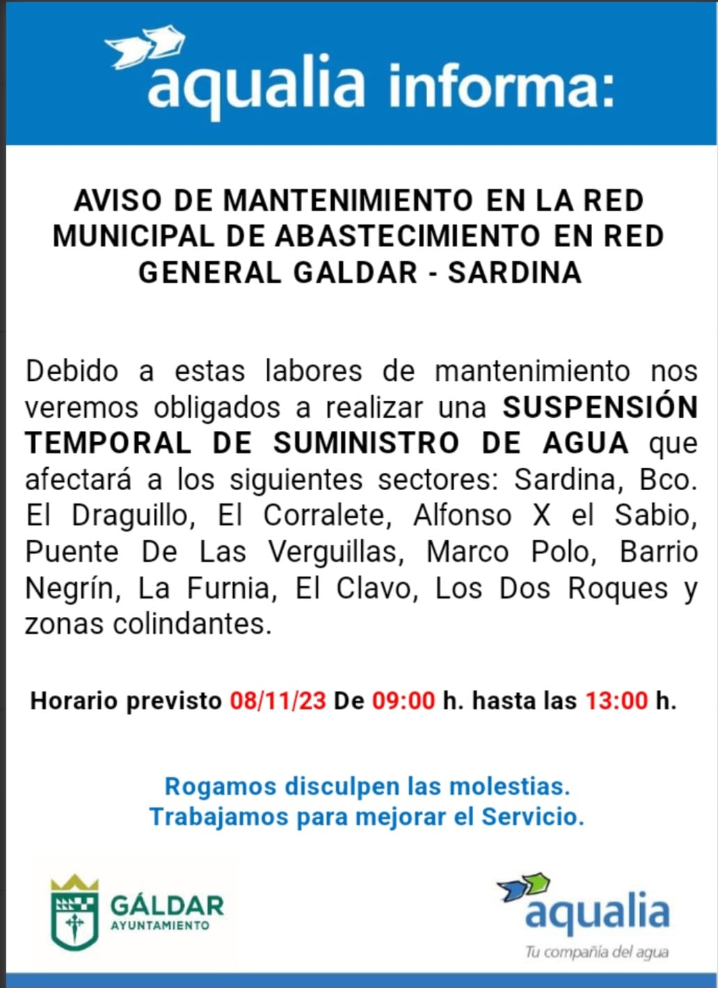 Aqualia informa de un corte temporal del suministro por mantenimiento el miércoles en Sardina y zonas colindantes     