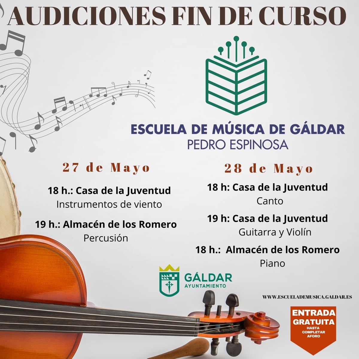 La Escuela Municipal de Música de Gáldar “Pedro Espinosa” comienza el último mes de curso escolar con la celebración de las audiciones de aula