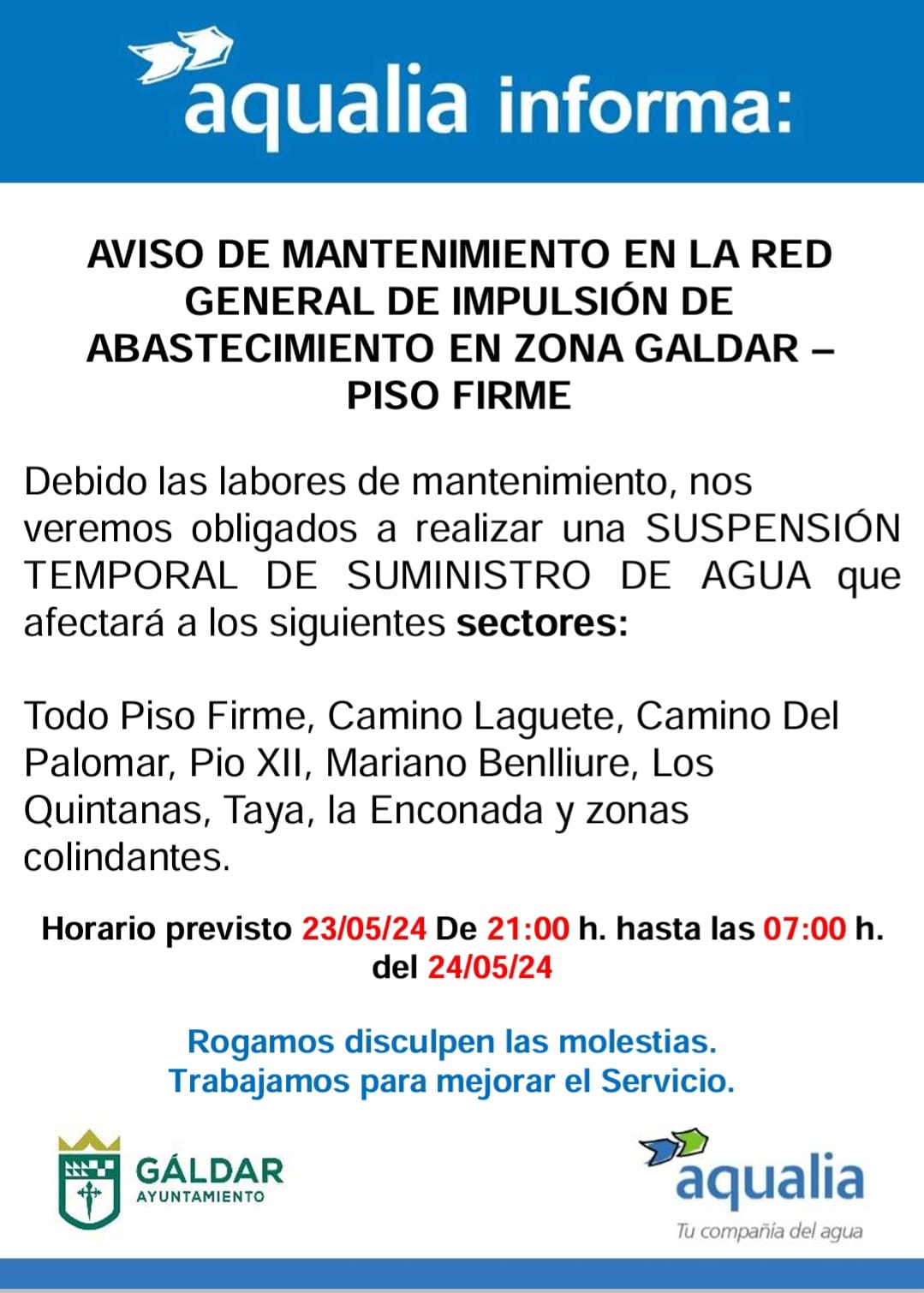 Aqualia informa de una suspensión del suministro en la noche de este jueves en Piso Firme, Los Quintana, La Enconada y zonas colindantes