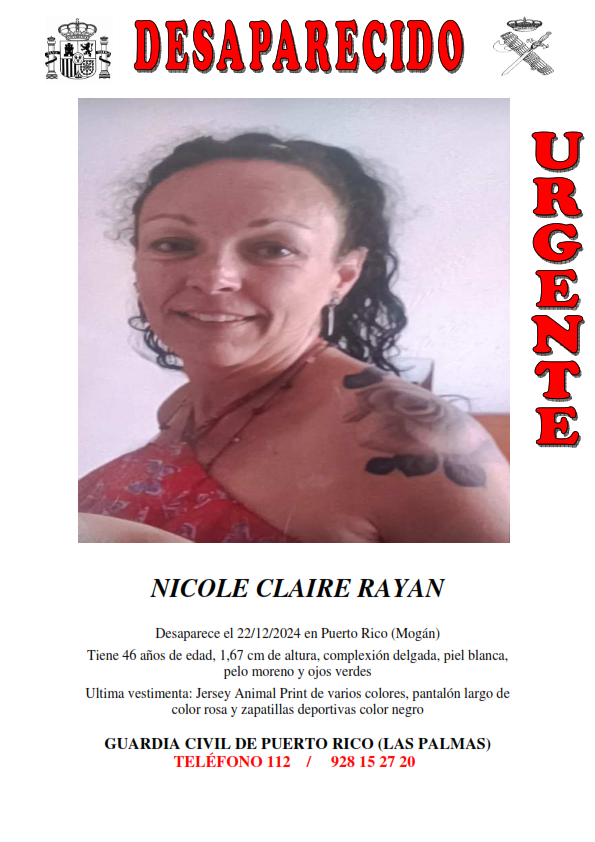 La Guardia Civil del Puesto de Puerto Rico-Mogán busca a Nicole Claire Rayan