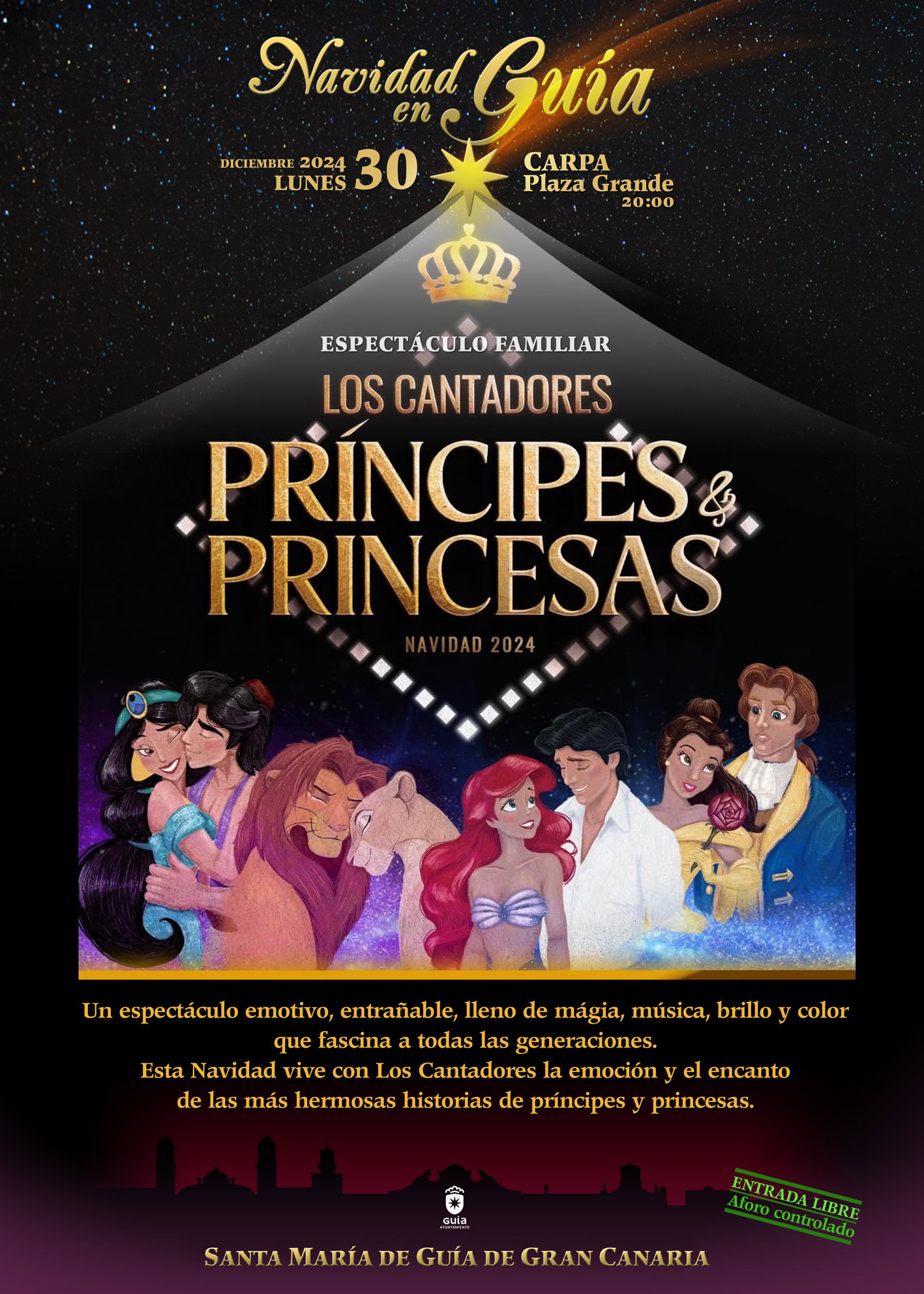 El espectáculo ‘Los Cantadores: Príncipes y Princesas de Disney’ llega este lunes a la Plaza Grande de Guía