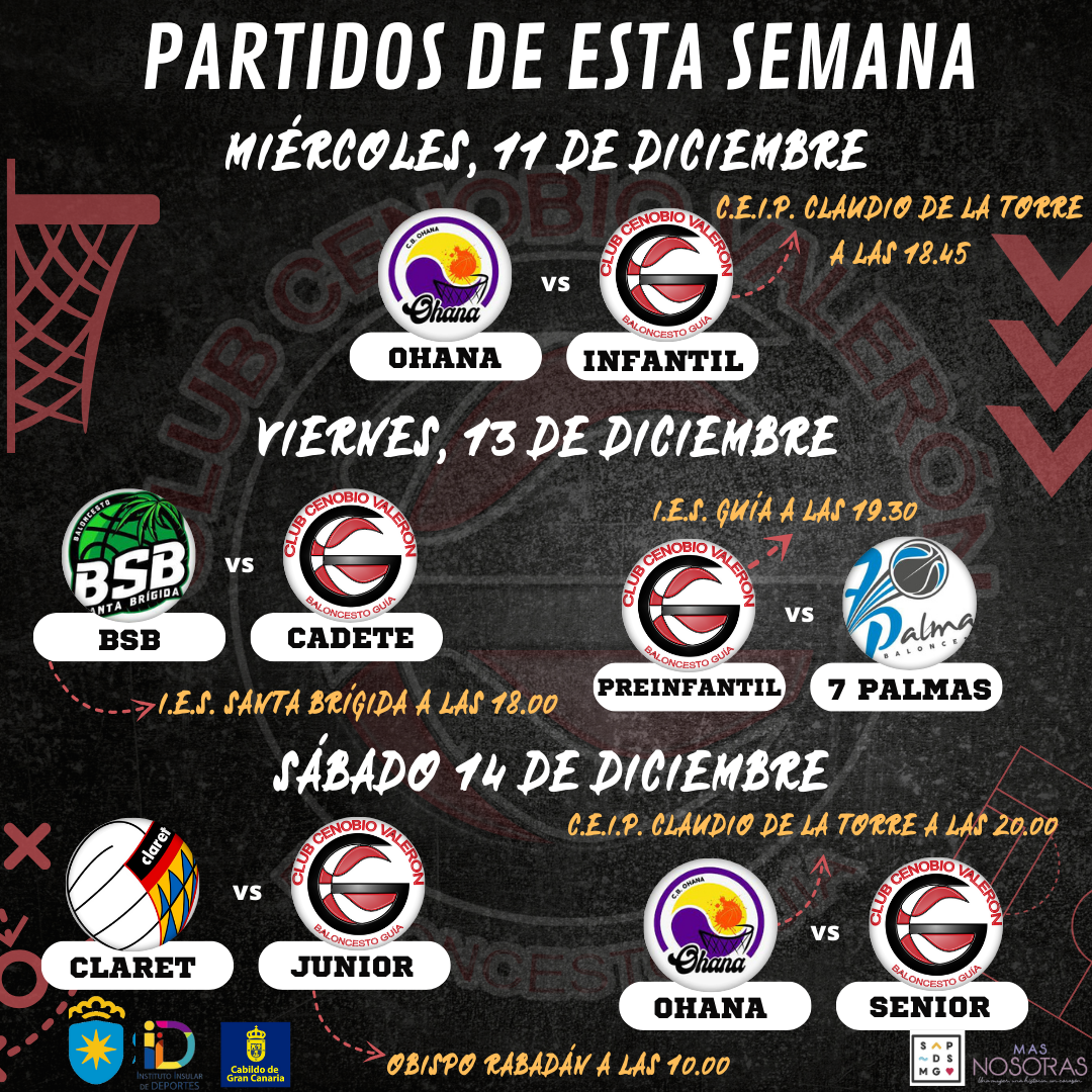 Esta semana, los equipos del Cenobio Valerón Basket Guía jugarán los siguientes partidos