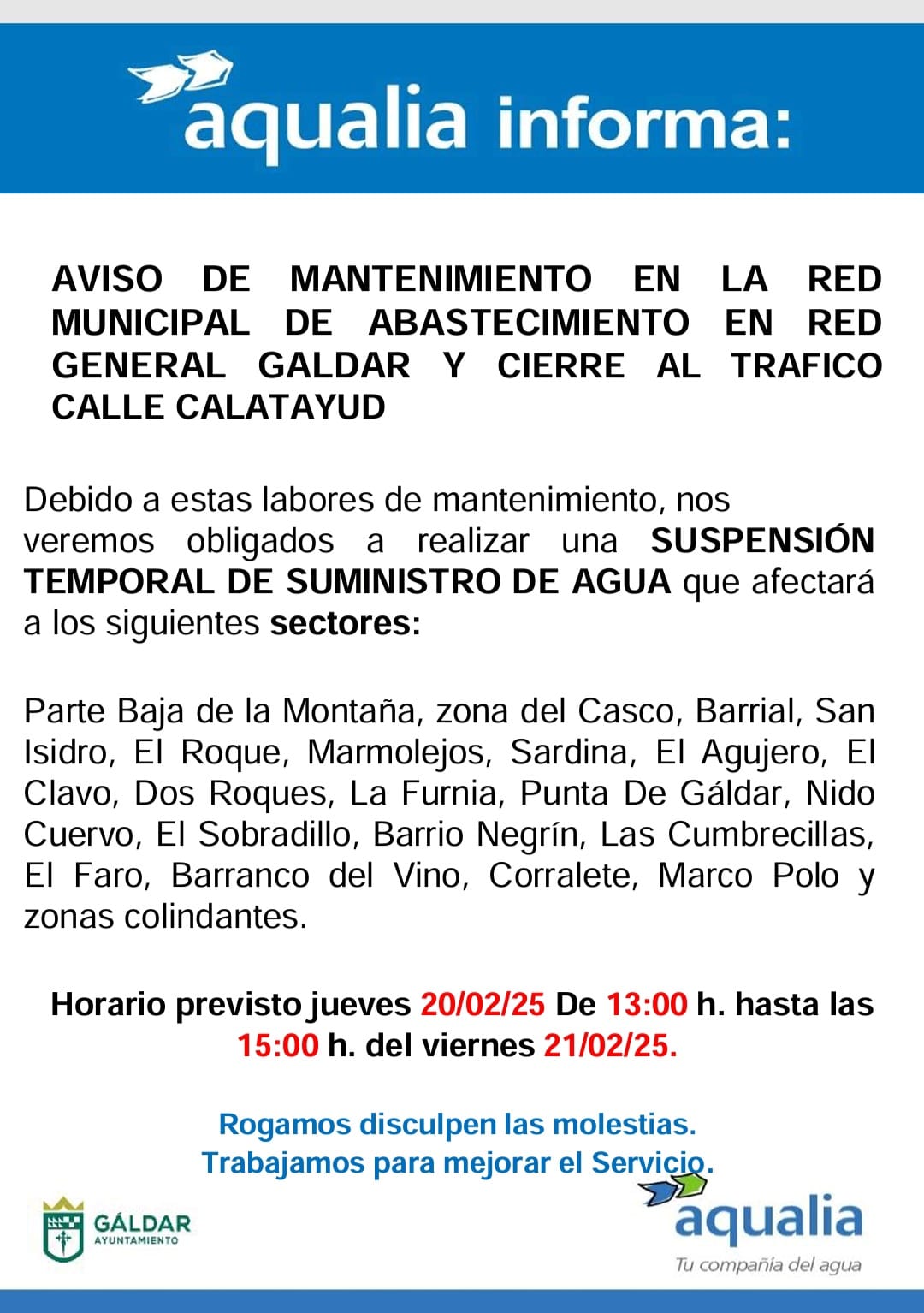 Aqualia informa de un corte temporal del suministro por mantenimiento en varios barrios y el corte al tráfico de la calle Calatayud