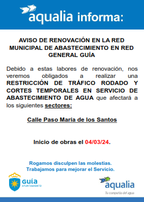 Aqualia informa del corte temporal de suministro de agua en Paso María de Los Santos a partir del lunes por obras de mejora en la red