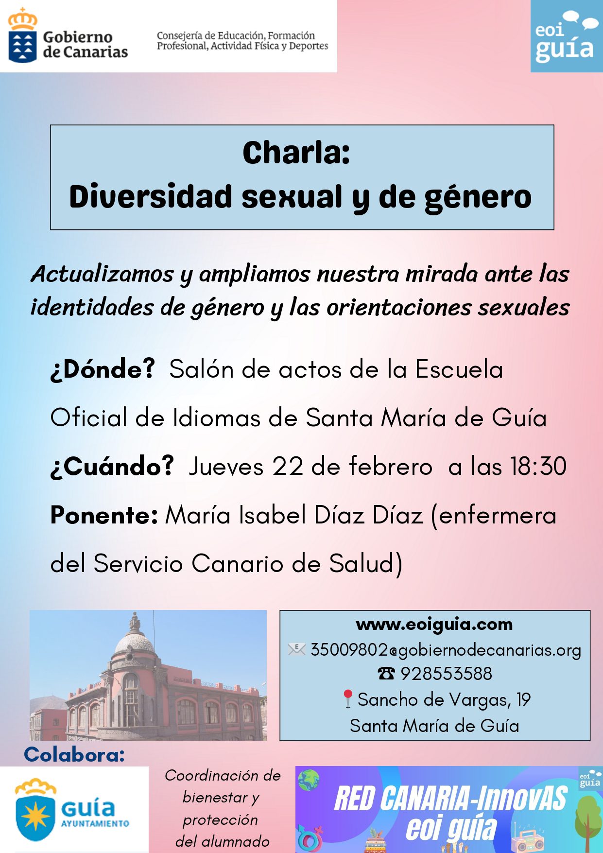La Escuela Oficial de Idiomas de Santa María de Guía organiza una charla sobre diversidad sexual y de género  abierta a toda la ciudadanía