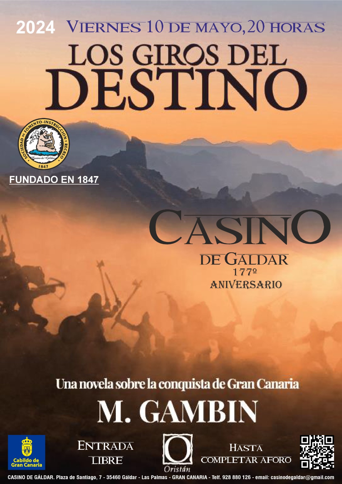 El Casino de Gáldar acoge este viernes, 10 de mayo, a las 20,00 horas, la presentación de la novela Los giros del destino