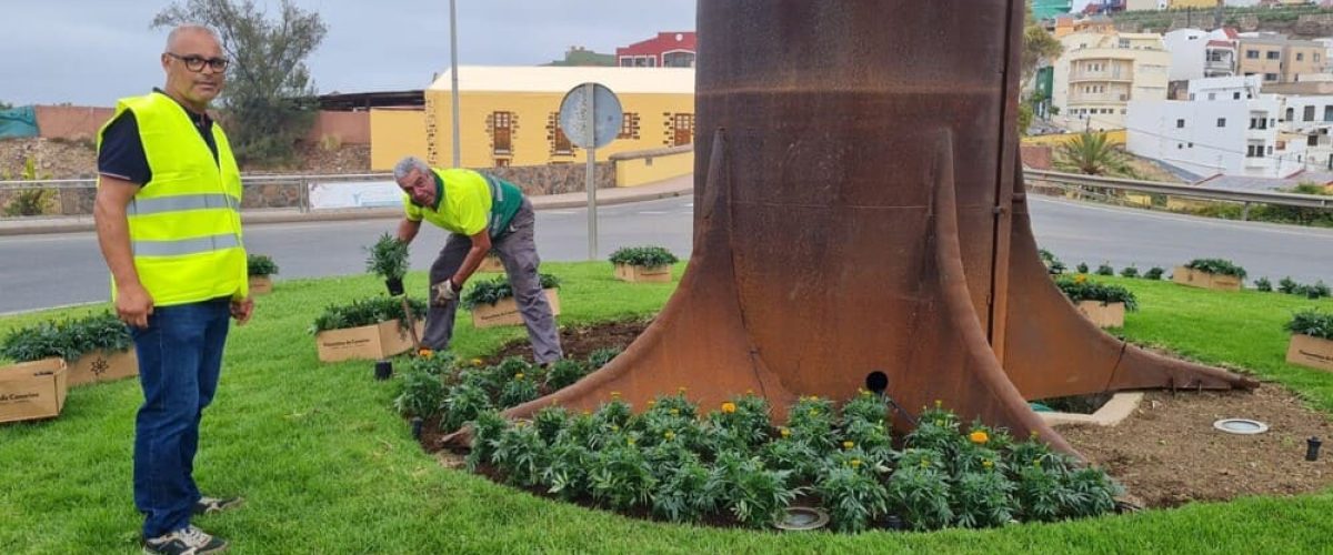 Nicolas Mederos junto a un trabajador de Parques y Jardines en la rotonda del drago 1