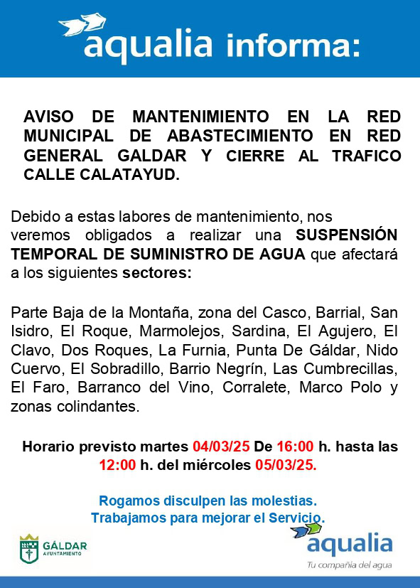 Aqualia informa de un corte temporal del suministro por mantenimiento en varios barrios y el corte al tráfico de la calle Calatayud