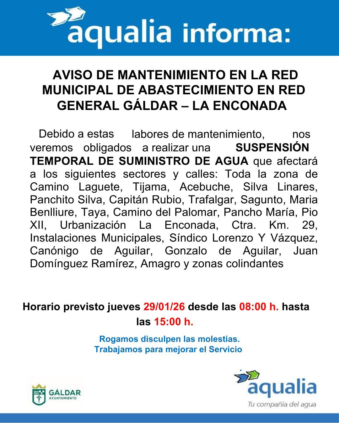 Aqualia comunica una interrupción temporal del suministro de agua por mantenimiento de la tubería general La Enconada