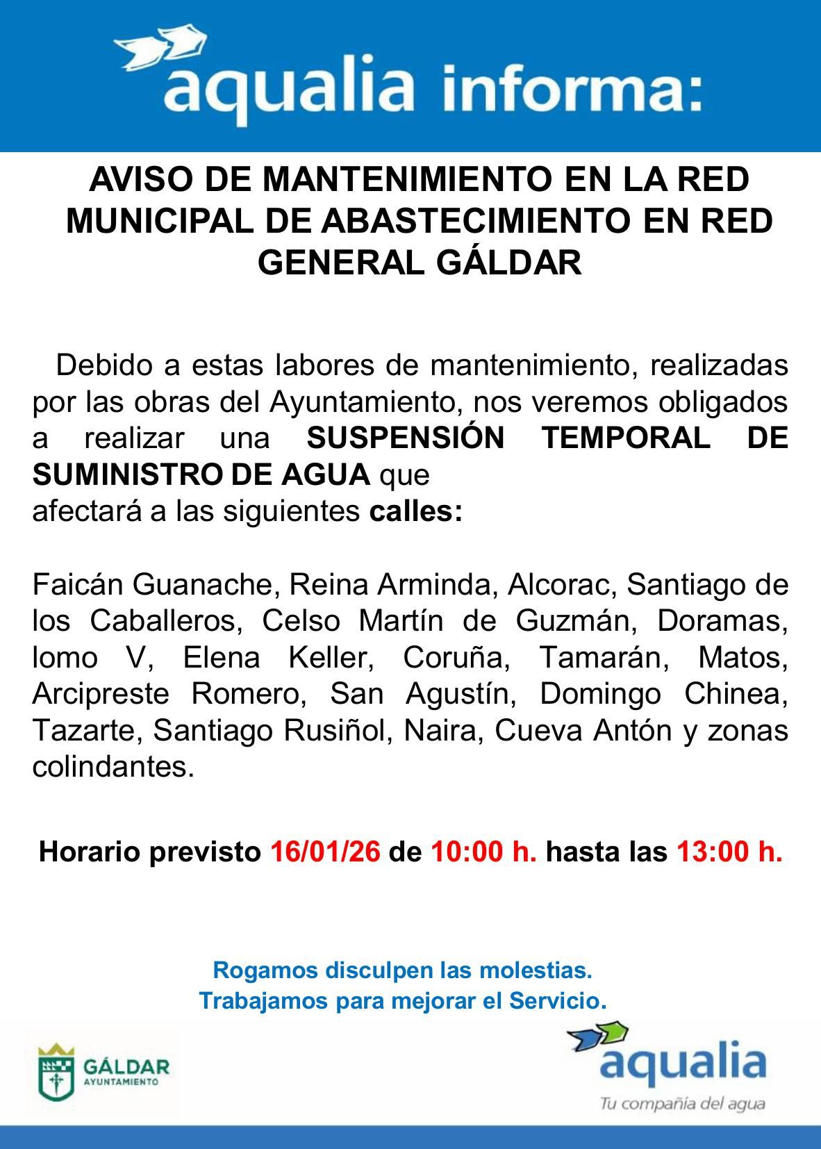 Aqualia informa de una interrupción temporal del suministro de agua por labores de mantenimiento en distintas vías de Gáldar