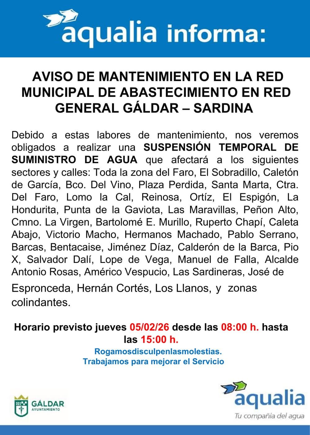 Aqualia informa de una interrupción temporal del suministro de agua por mantenimiento de la red general de Sardina