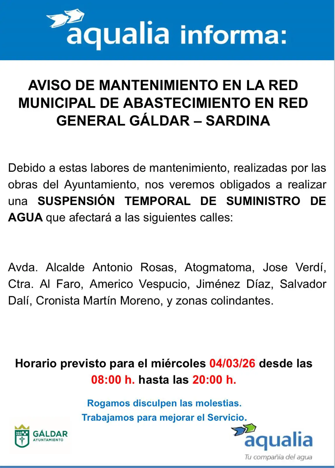 Aqualia informa de una interrupción temporal del suministro de agua por mantenimiento de la red general de Gáldar y Sardina