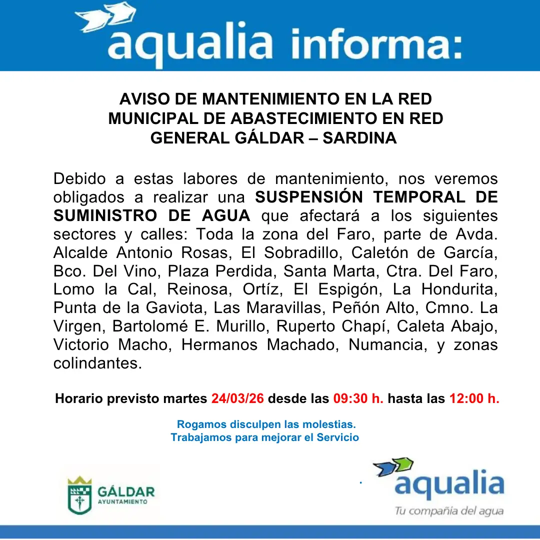 Aqualia informa de una interrupción temporal del suministro de agua por mantenimiento de la red general de Gáldar y Sardina