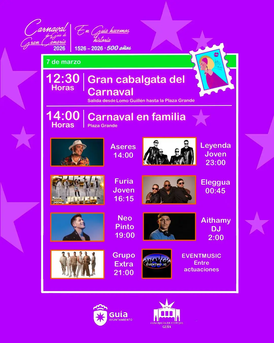 Carnaval en Familia este sábado en Guía con una Gran Cabalgata, más de doce horas de música y la actuación estelar del Grupo Extra, referencia internacional de la bachata y los ritmos latinos