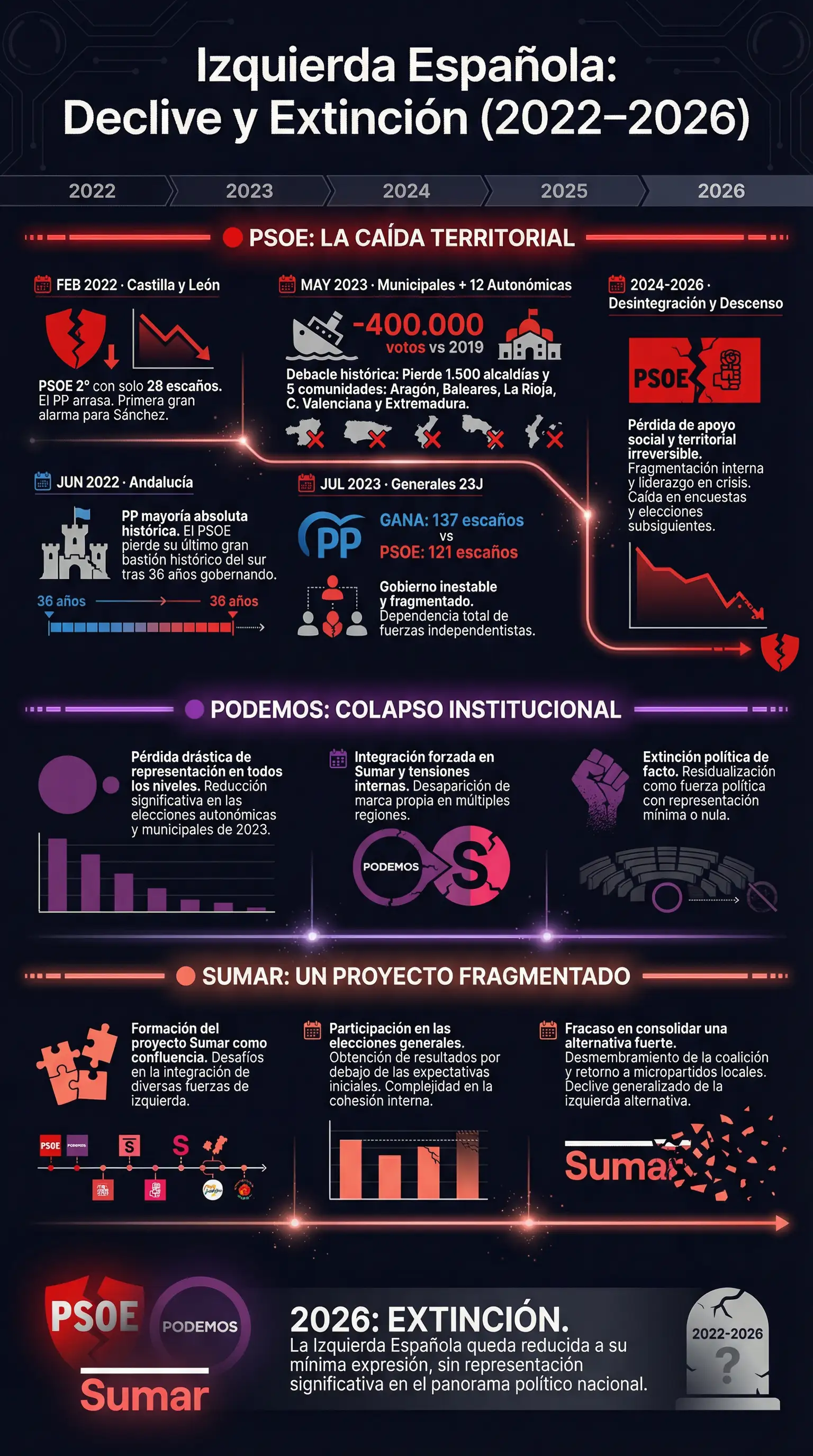 La Izquierda Española en Caída Libre: El Descalabro del PSOE y el Epitafio de Podemos y Sumar