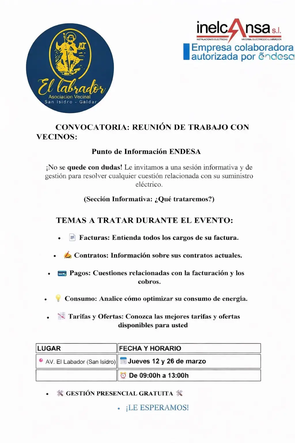 La Asociación Vecinal El Labrador acogerá un Punto de Información de Endesa para resolver dudas sobre el suministro eléctrico