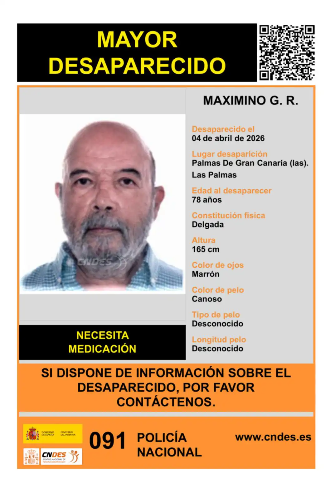 La Policía Nacional solicita la colaboración ciudadana para localizar a Maximino G.R, desaparecido en Las Palmas de G.C