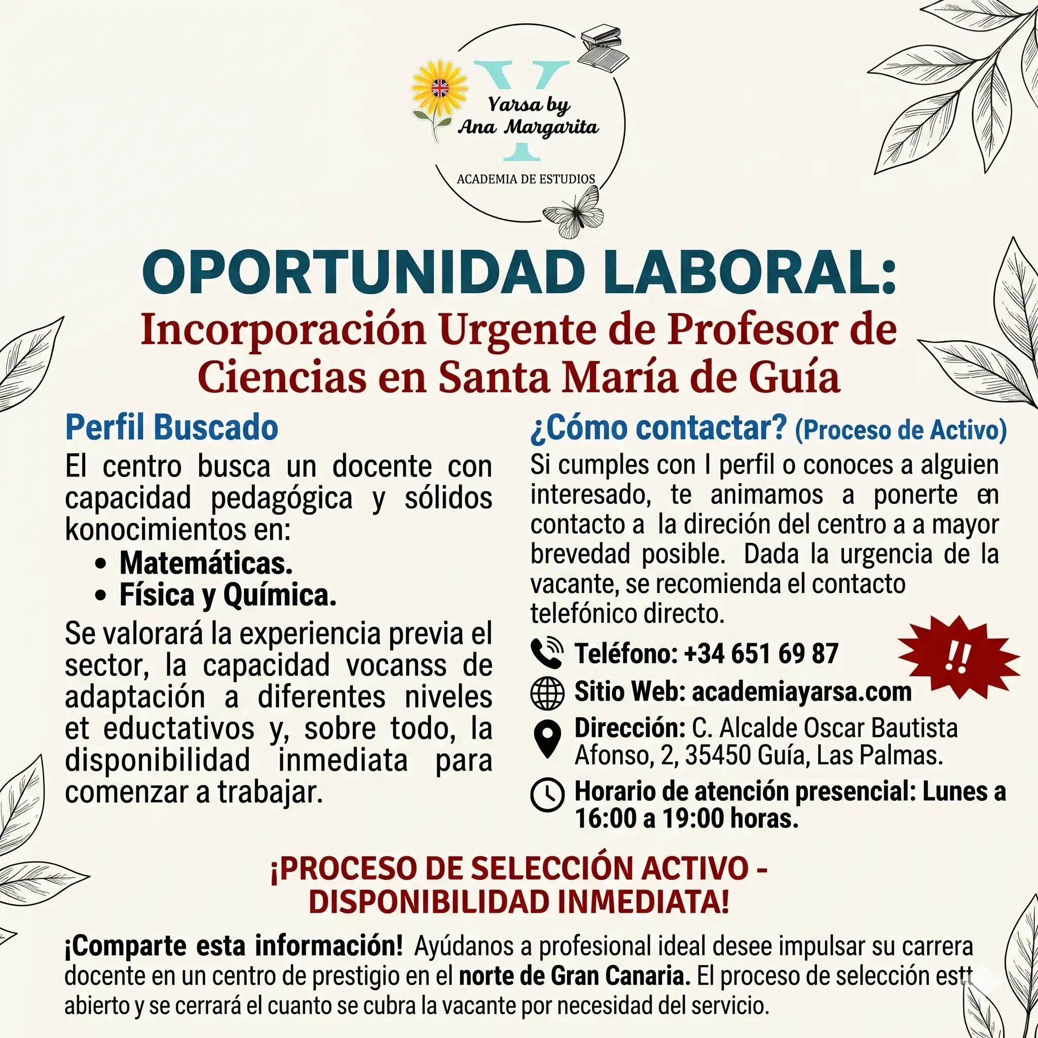 OPORTUNIDAD LABORAL: Incorporación Urgente de Profesor de Ciencias en Santa María de Guía