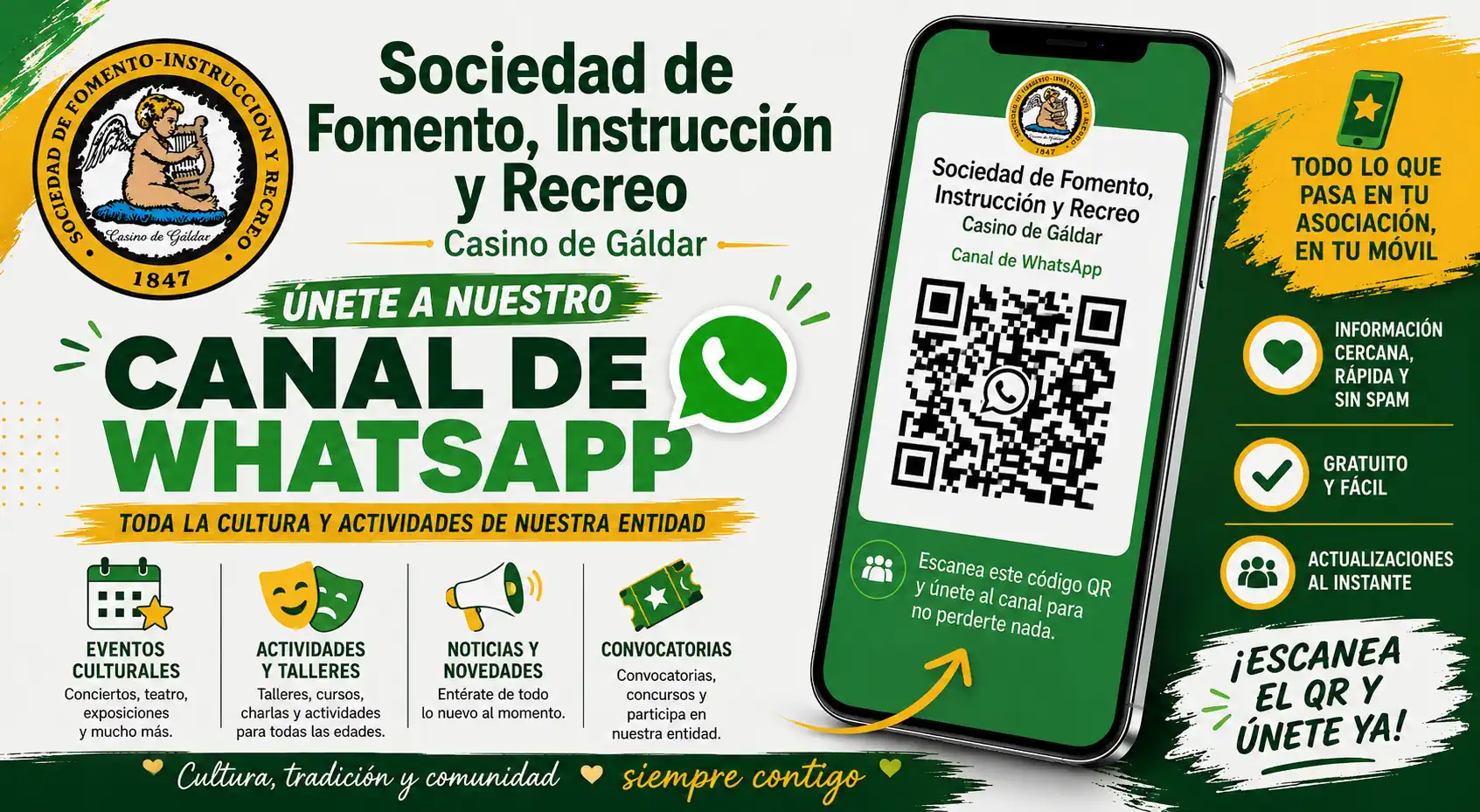 El Casino de Gáldar lanza un canal de WhatsApp para acercar su programación cultural y social a la ciudadanía