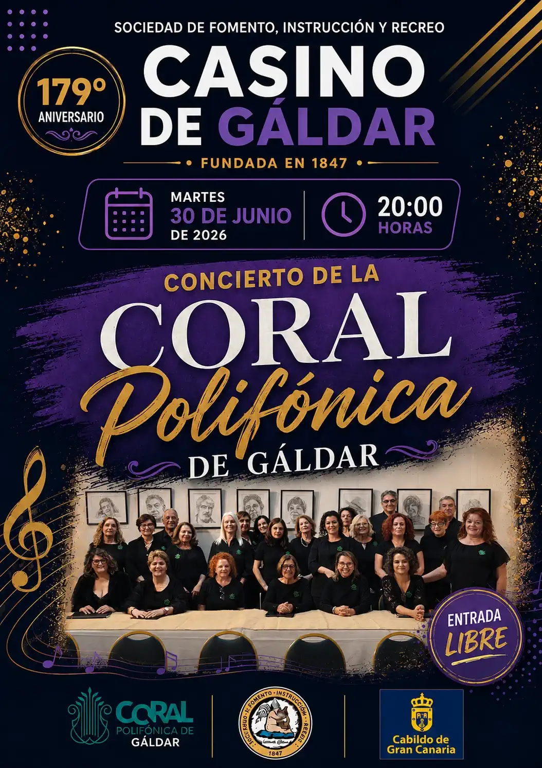 La Coral Polifónica de Gáldar ofrecerá un concierto con motivo del 179º aniversario del Casino de Gáldar