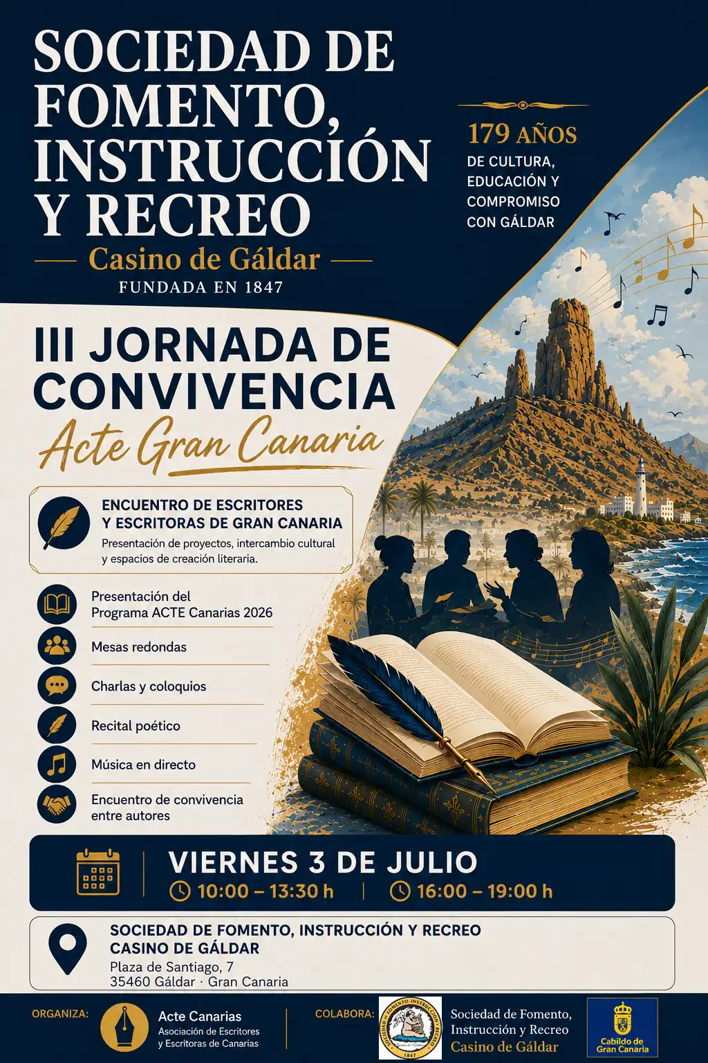 La III Jornada de Convivencia Acte Gran Canaria convertirá el Casino de Gáldar en punto de encuentro de la literatura canaria