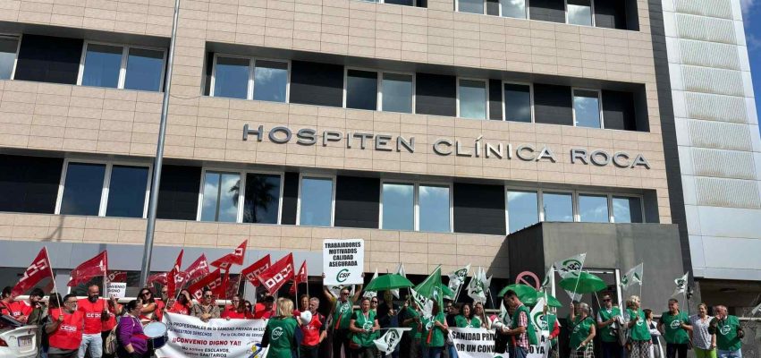 Gráfica concentración sindical hoy miércoles 9 de abril ante Hospiten Clínica Roca en San Agustín