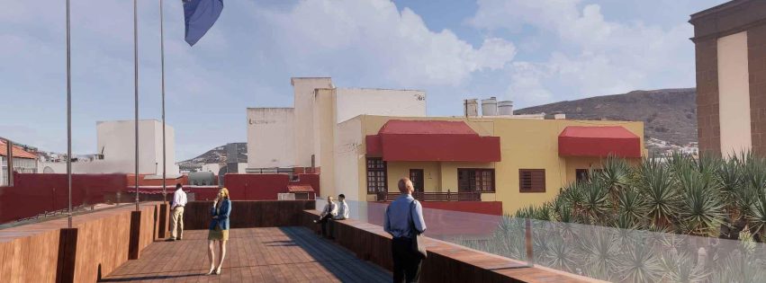 Proyección del estado futuro del mirador transitable de las Casas Consistoriales con el Drago Tricentenario a la derecha