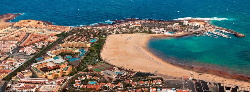 Aerial overview of Caleta de Fuste, Fuerteventura, Canary islands, Spain