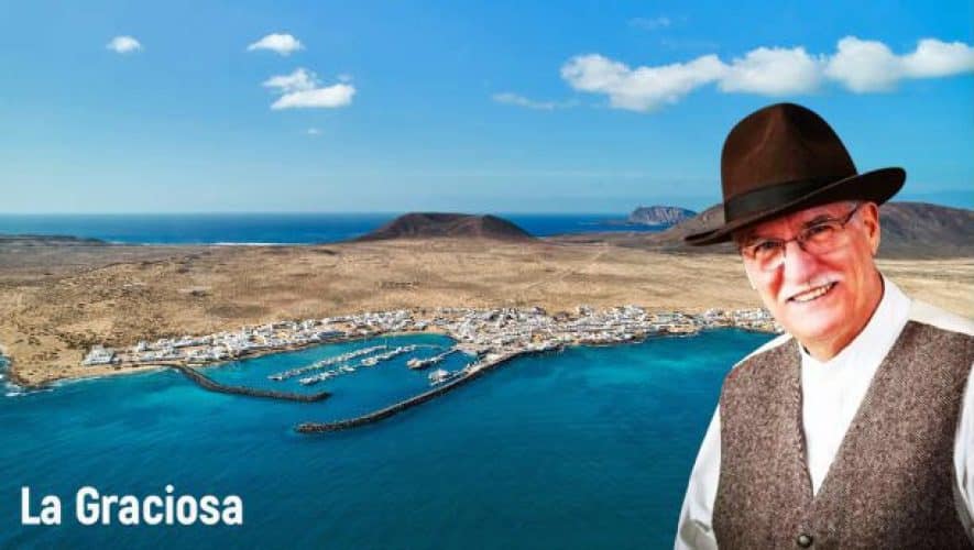Panoramic view, aerial shot of La Graciosa, volcanic island surrounded by the Atlantic Ocean, photo taken from Lanzarote Island, Canary Islands of Spain. Travel destinations and tourism concept
